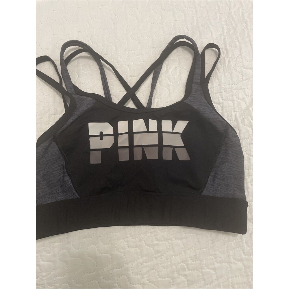 Victorias Secret Small S Sports Bra Gray Black Logo Strappy Back Yoga
